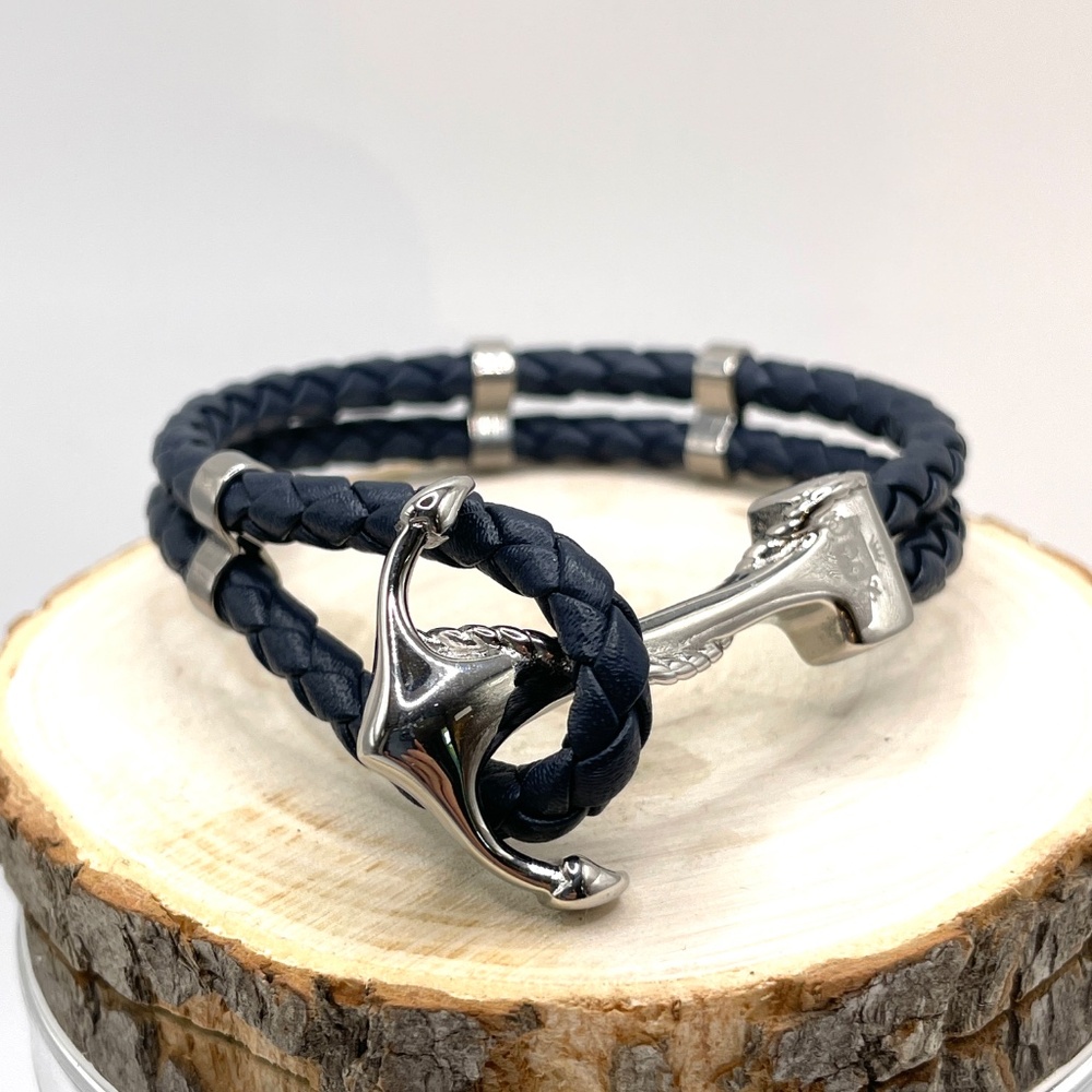 Silver Tone Anchor Braided Faux Leather Wrap bracelet